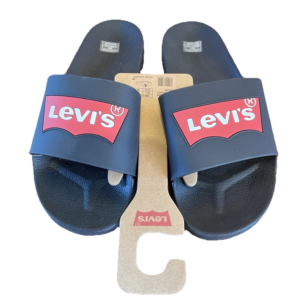 LEVIS Men Batwing Slide sz 11 Black Synthetic Slippers Logo Water Resistant  NEW